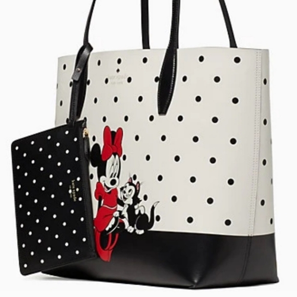 DisneyxKate Spade Minnie Mouse tote reversible black polka dot+matching wallet - Picture 10 of 12